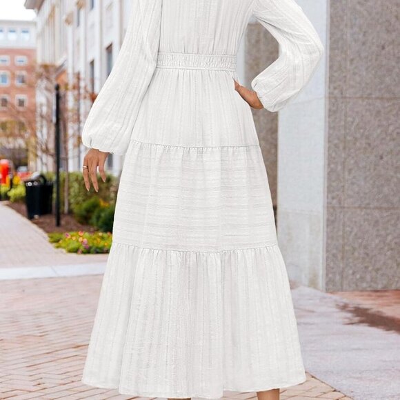 Women's 2025 Fall Puff Long Sleeve Maxi Dress Casual V Neck Elastic Waist Tiered - Picture 3 of 6